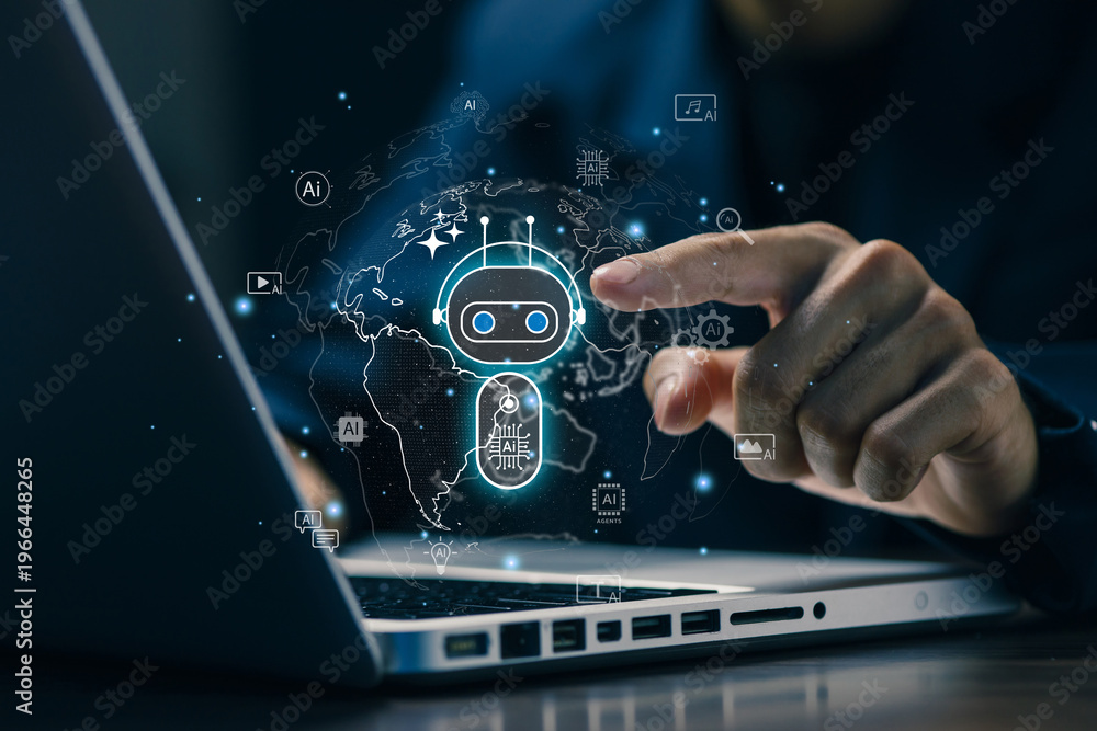 Fototapeta premium Artificial intelligence technology concept with chatbot interface and global network, automation system, machine learning innovation, digital transformation, smart communication.