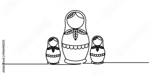 A simple black and white line drawing of three traditional russian nesting dolls standing together Vector, illustration