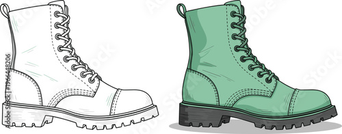 Mint green combat boot vector illustration detailed drawing on checkered background.