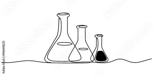 A continuous line drawing of three scientific laboratory beakers arranged in a simple row set Vector, illustration
