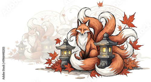 Enchanting NineTailed Fox Spirit in Autumnal Setting.