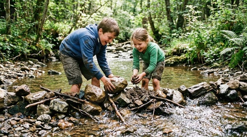 Two children play outdoors by a stream with rocks and trees