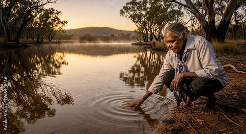 Elderly man touching surface of water by river during sunset - Concept of the value of drinking and fresh water  