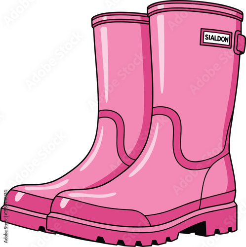 Pair of pink rubber rain boots isolated on a transparent background, waterproof footwear.