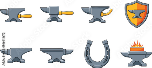 Set of anvils, blacksmithing tools and elements in a cartoon style with transparent background.