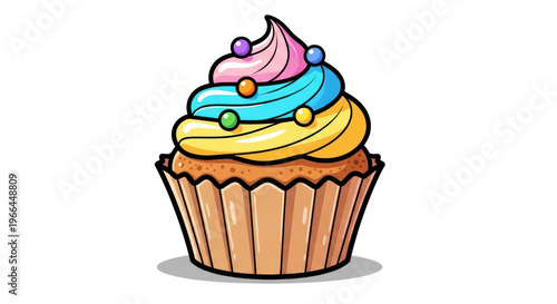 Colorful cupcake illustration, sweet dessert with rainbow frosting and sprinkles, cartoon style pastry icon on white background