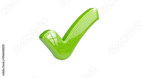 Glossy green check mark icon, 3D checkmark symbol for success and approval, shiny plastic tick mark isolated on white background