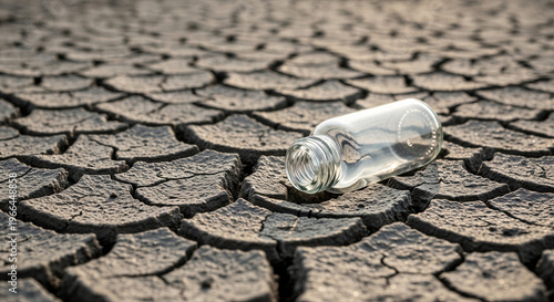 Empty glass bottle lying on cracked dry earth symbolizing water scarcity  