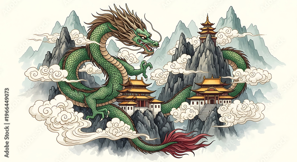Fototapeta premium Majestic Green Dragon Ascends Over Traditional Asian Temples and Misty Mountains.