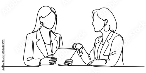 Continuous line drawing of two professional women collaborating on a business document together Vector, illustration