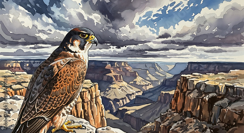 Majestic Falcon Perched Over the Grand Canyon at Sunrise.