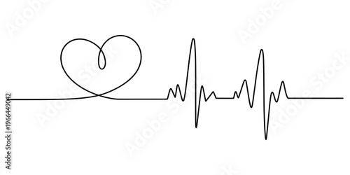 Minimalist continuous line art design featuring a heart shape transitioning into a heartbeat ekg Vector, illustration