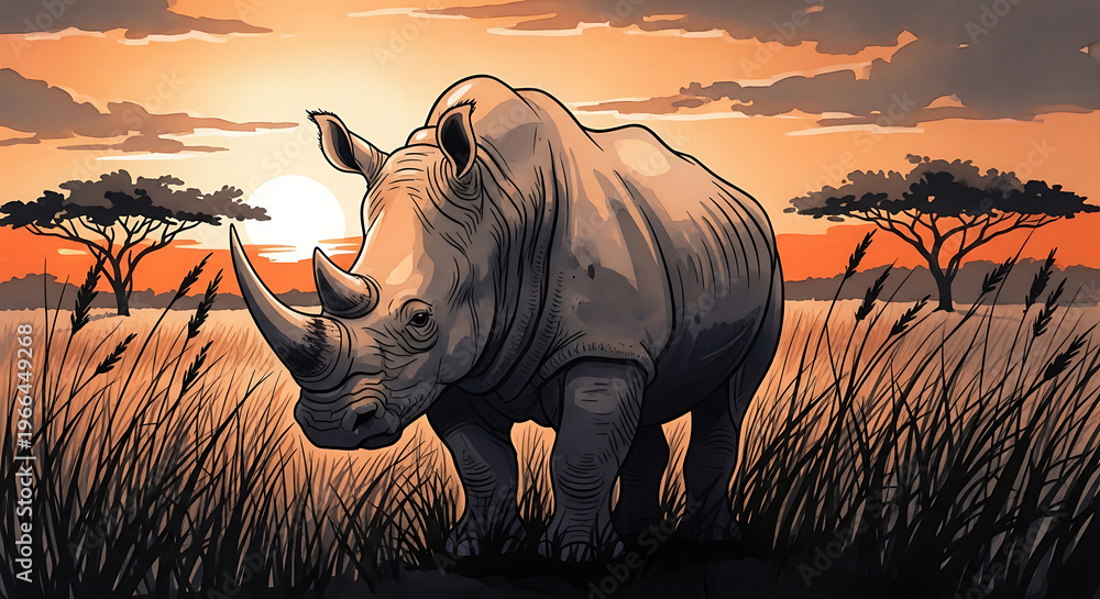 Fototapeta premium Majestic Rhinoceros Standing Proudly in the African Savannah at Sunset.