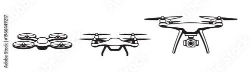 Set of three drone silhouettes different types and sizes isolated on white background aerial view.
