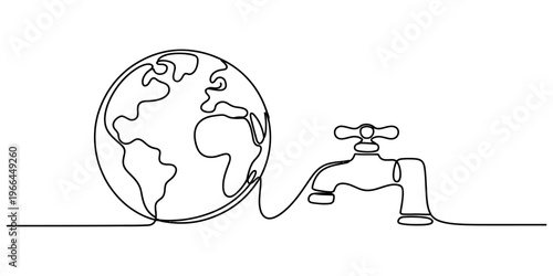 A single continuous line drawing of planet earth connected to a water tap for environmental issues Vector, illustration