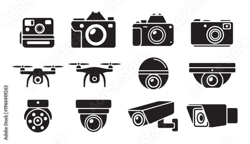 Set of camera and drone silhouettes different types and sizes isolated on white background.