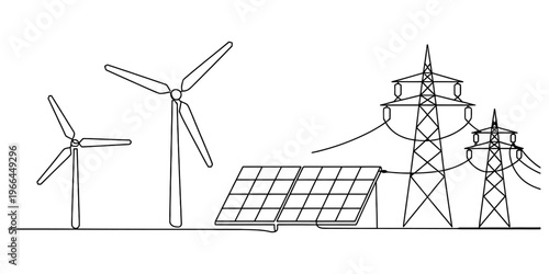 A simple line drawing showing wind turbines and solar panels connected to electrical power towers. Vector, illustration