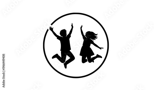 Minimal jumping boy and girl silhouette circle composition happy people vector design