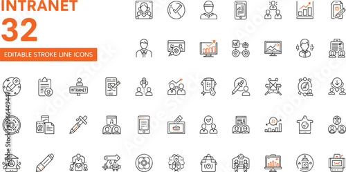 Flat design intranet interface icons with enterprise workflow and collaboration elements on blue background