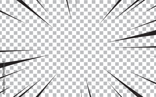 Moving radial lines. Comic book style, isolated explosion background on transparent background. Manga action frame lines.