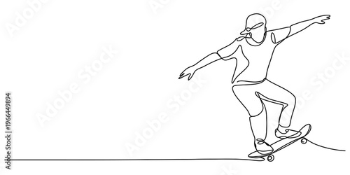 A single continuous line drawing of a person riding a skateboard with arms outstretched for balance Vector, illustration