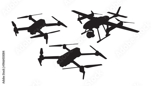 Drones in silhouette from different angles showing propellers and camera systems.
