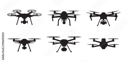 Set of black drone silhouettes for aerial photography and video filming on white background flying vector.