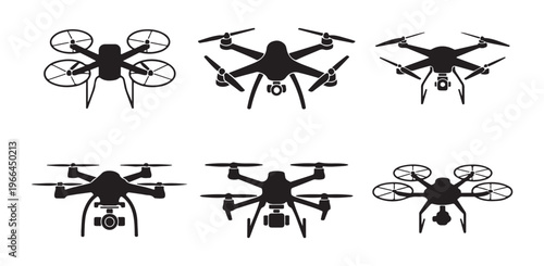 Set of various drones with different numbers of propellers and camera attachments.