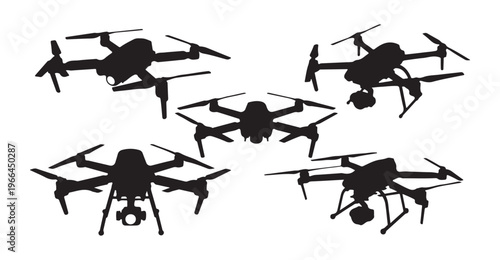 Drones in perspective view silhouette set for professional aerial survey and cinematography filming vector.