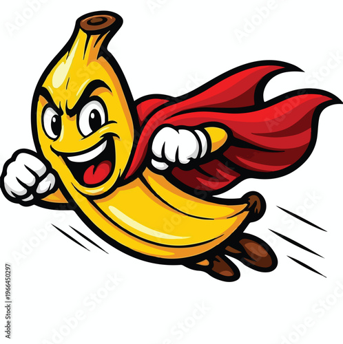 Super Banana Superhero Flying Cartoon Mascot Sticker Design with Red Cape Fierce Expression Bold Comic Style Funny Fruit Character Illustration