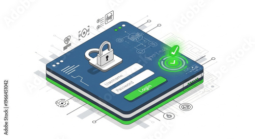 Isometric Illustration of Secure Login Interface with Padlock and Checkmark.