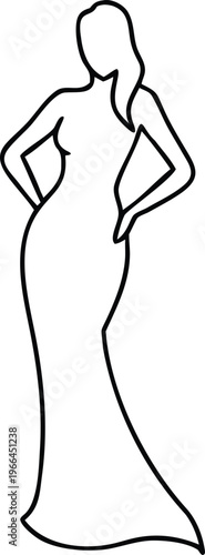 A glamorous woman in a long fitted evening gown with her hands placed confidently on her hips