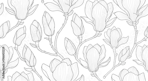 Elegant monochrome seamless pattern showcasing detailed line art drawings of magnolia flowers and buds for sophisticated botanical decor.