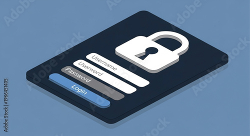 Isometric Login Interface with Padlock Security - A Modern Digital Access Concept.