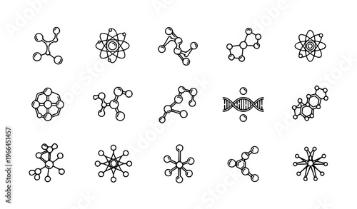 Molecule connection icons set with chemistry structure DNA and particle network symbols black and white vector