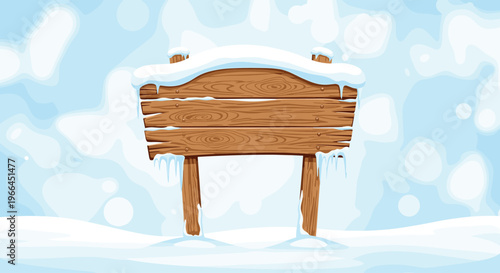 Rustic wooden signpost covered in heavy white snow and icicles stands against a soft blue winter sky for seasonal outdoor announcements.