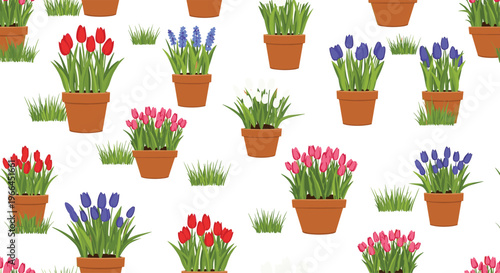 Charming seamless pattern of colorful potted spring flowers including red, pink, and blue tulips and hyacinths on a clean white background.