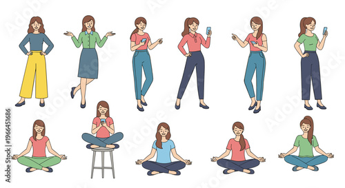 Large set of female characters in various everyday poses, including standing, talking on phones, and practicing yoga for creative design.