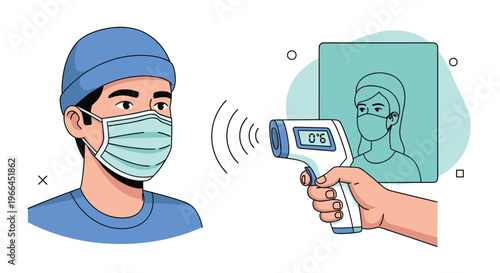 Illustration of a medical worker using a digital thermometer to check a man temperature, both wearing protective face masks for health.