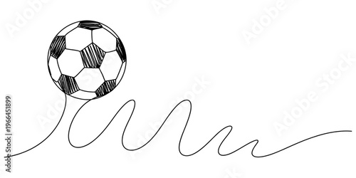 A single continuous line drawing of a classic soccer ball bouncing along a wavy abstract trail. Vector, illustration