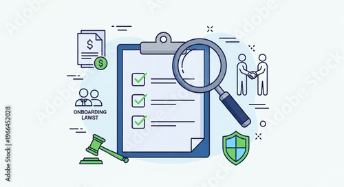 Compliance Checklist with Magnifying Glass and Business Icons.