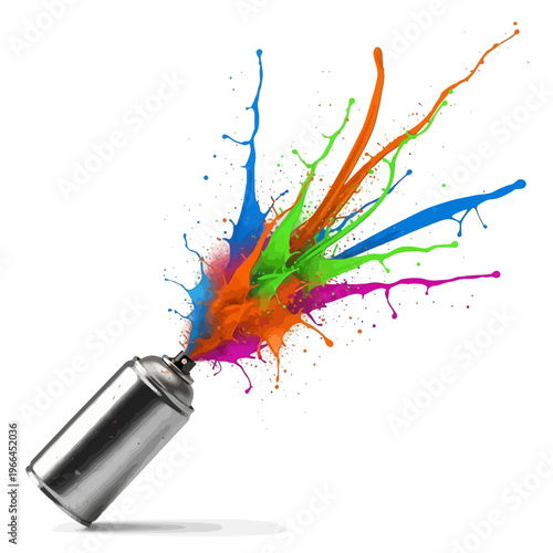 Spray can explodes with colorful paint on white background in dynamic composition