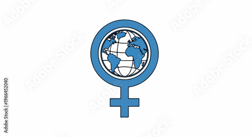 A blue and white logo featuring a female symbol merged with a globe on a plain white background with a symbolic and empowering mood.
