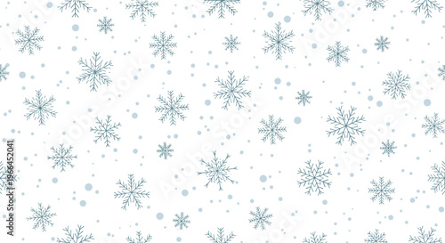 Soft winter seamless pattern displaying delicate blue snowflakes of various shapes and tiny dots on a clean white background for holidays.