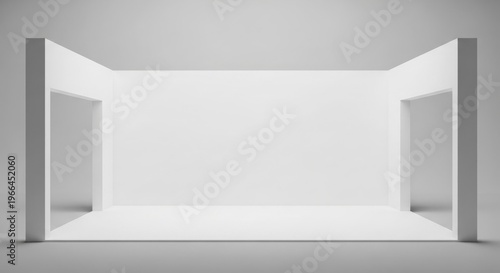 Minimalist white empty room with two open archways on the sides, creating a clean and modern architectural space.