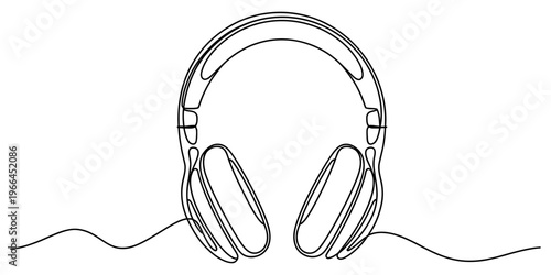 A continuous single line drawing of modern over-ear headphones isolated on a plain white background Vector, illustration