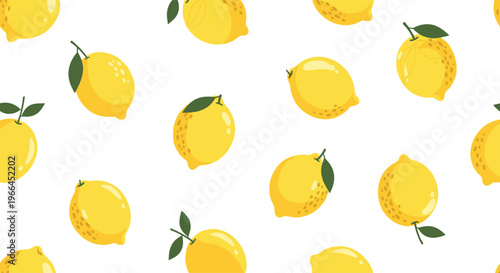 Bright and refreshing seamless pattern showcasing juicy yellow lemons with green leaves scattered across a clean white background.