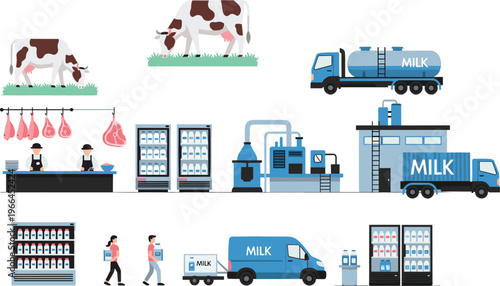 Dairy and meat production supply chain illustration with cows, processing factory, refrigerated transport, retail display and delivery system vector