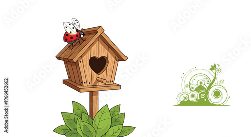 Charming wooden birdhouse with a heart-shaped opening, a red ladybug on its roof, and a base of green leaves on a white background.