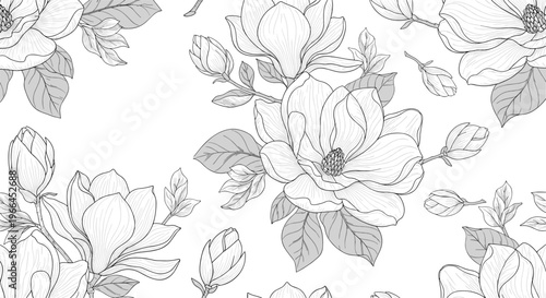 Sophisticated seamless pattern displaying grayscale line art and shaded illustrations of magnolia flowers and leaves for classic decor.